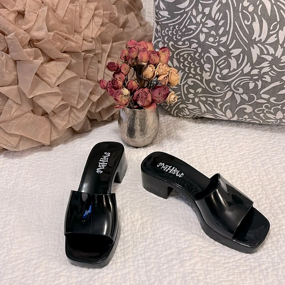 Mad Love Marni Black Jelly Vinyl Platform Block Heel Mule Slip On Sandal Shoes 7 - Picture 1 of 12
